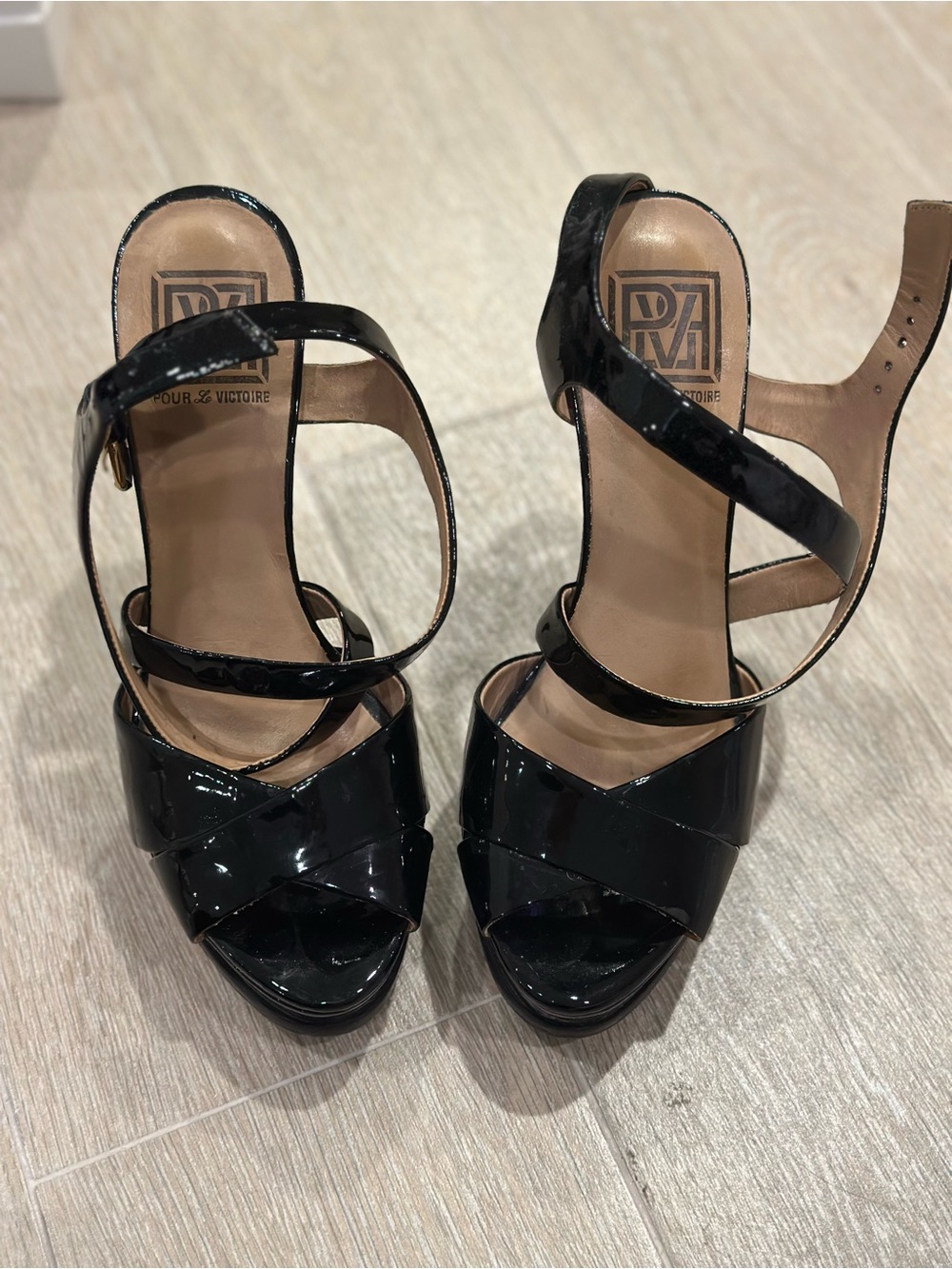 Pour La Victoire Black Patent Leather Platform Sandals with Ankle Strap